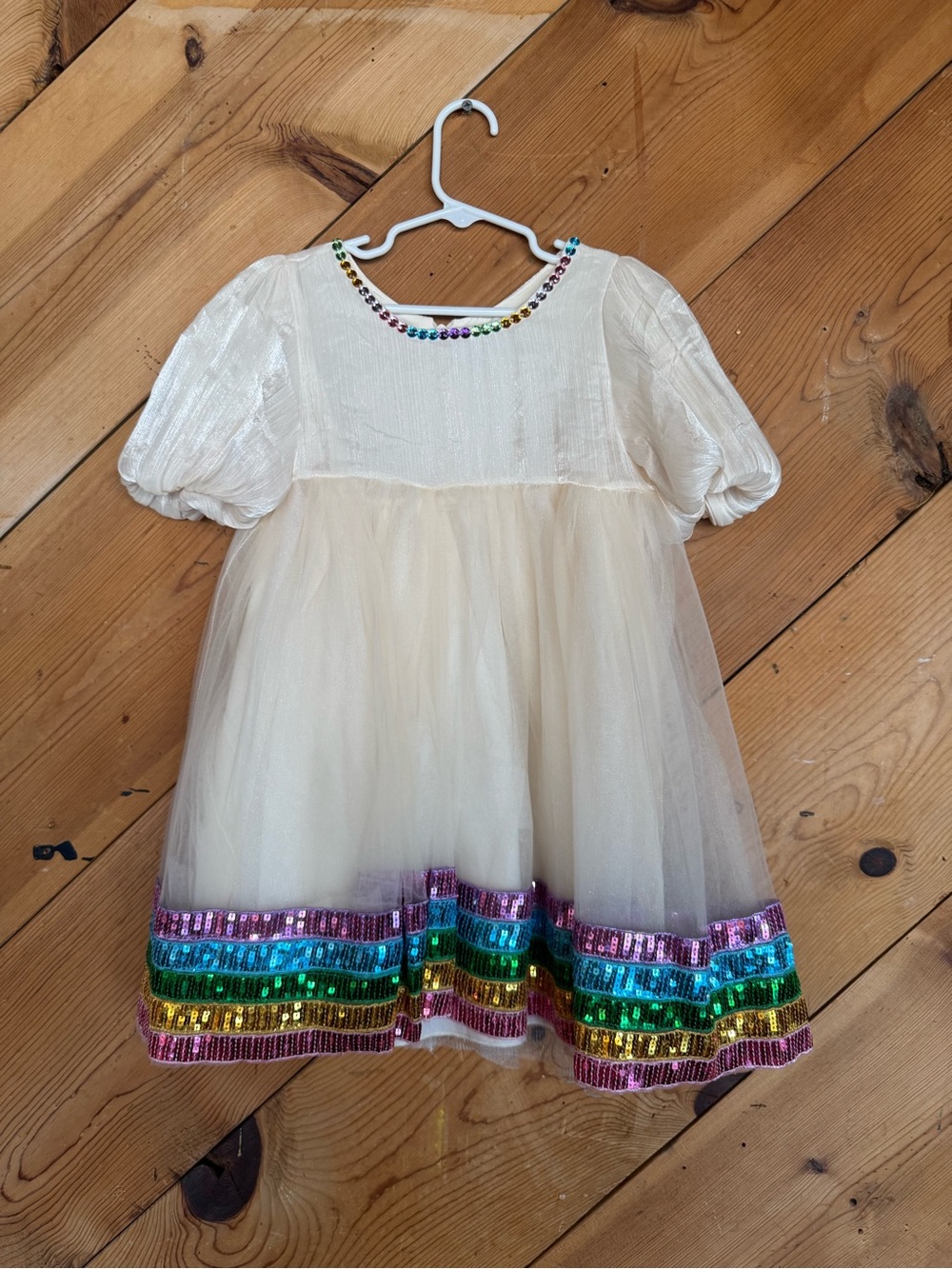 Lola + The Boys Cream Tulle Dress with Rainbow Sequin Hem